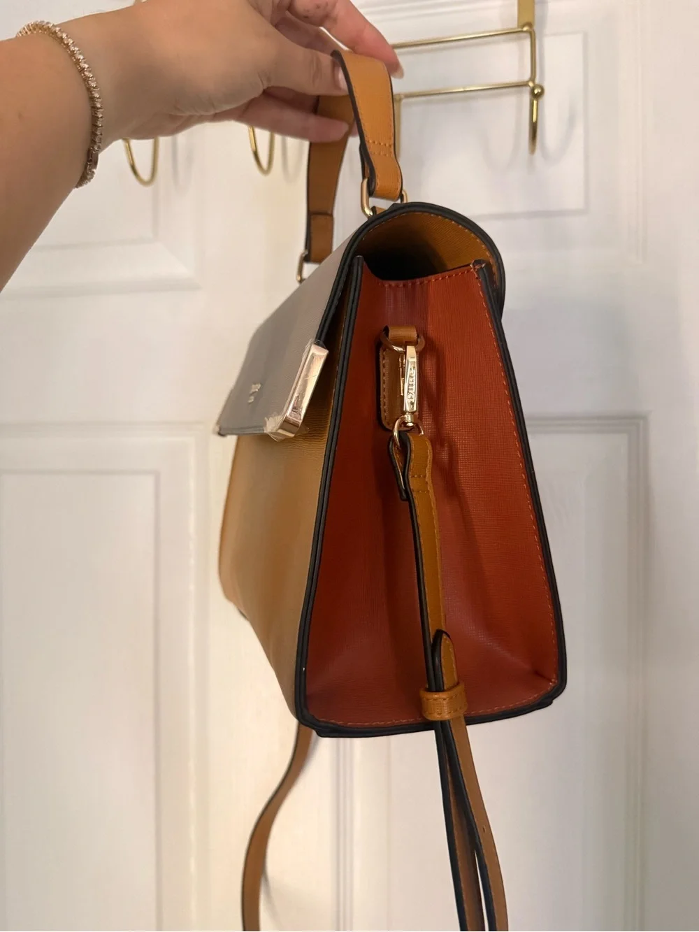 Two-Tone Taupe and Tan Leather Top-Handle Bag